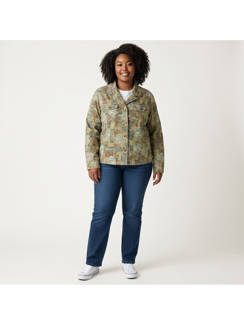 Christopher & Banks Jacket Women XL Green Floral Button Up Collared Long Sleeve